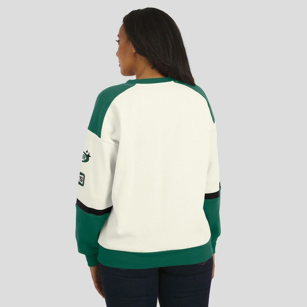 New York Jets WEAR by Erin Andrews Women's Racing Crew V-Neck Sweatshirt Cream | NFL