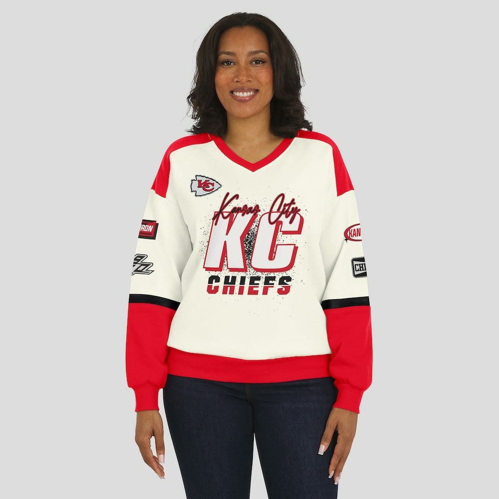 Kansas City Chiefs WEAR by Erin Andrews Women's Racing Crew V-Neck Sweatshirt Cream | NFL