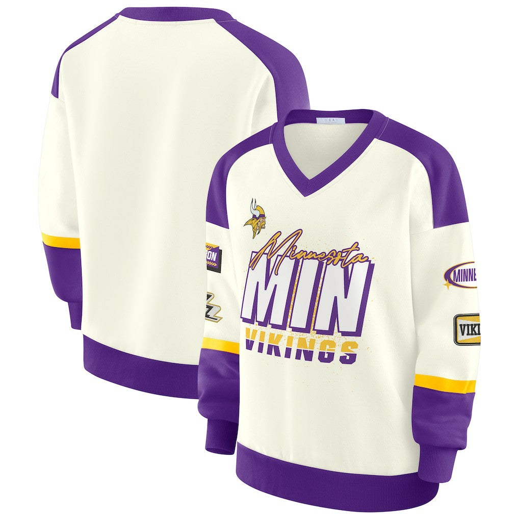Minnesota Vikings WEAR by Erin Andrews Women's Racing Crew V-Neck Sweatshirt Cream | NFL