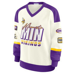 Minnesota Vikings WEAR by Erin Andrews Women's Racing Crew V-Neck Sweatshirt Cream | NFL
