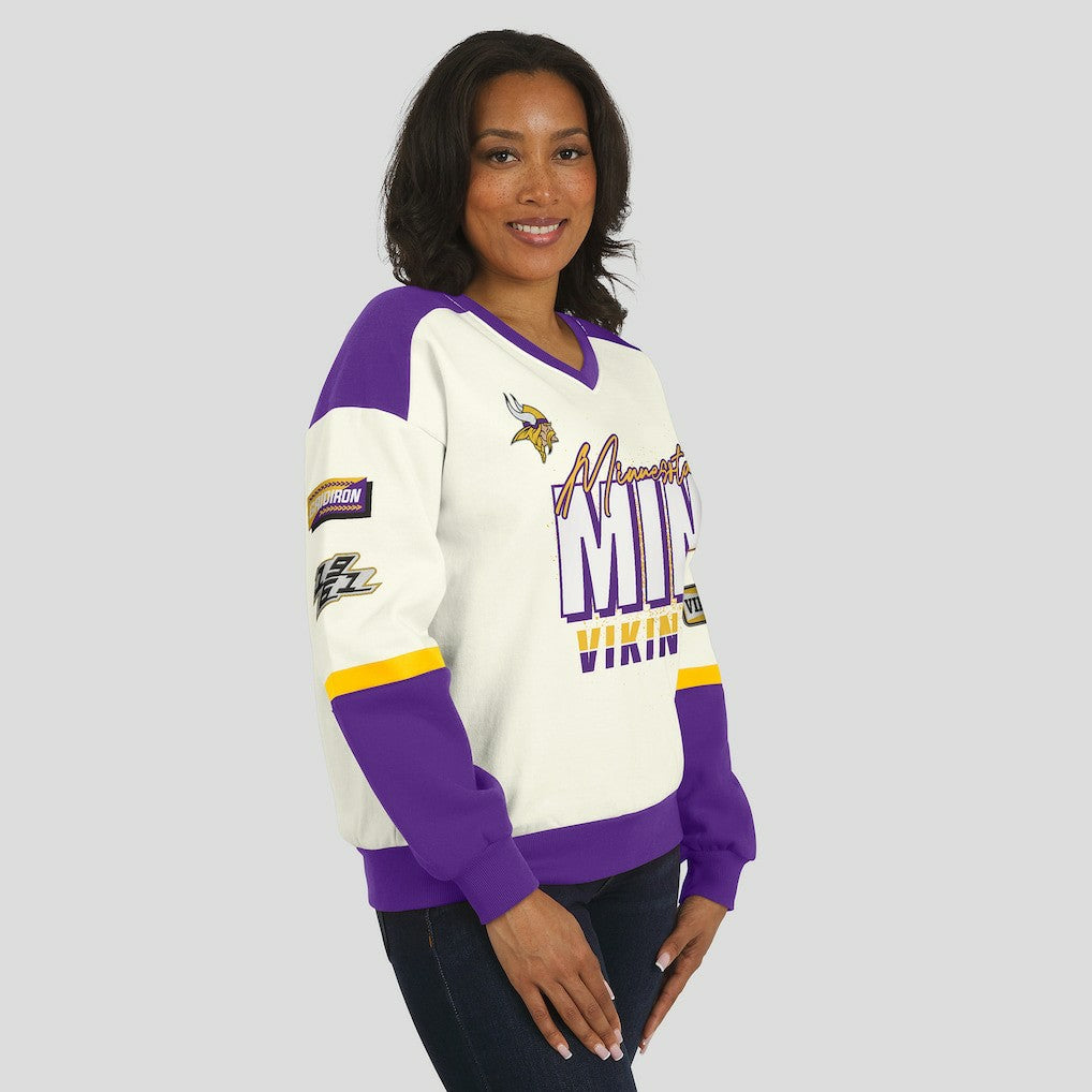 Minnesota Vikings WEAR by Erin Andrews Women's Racing Crew V-Neck Sweatshirt Cream | NFL