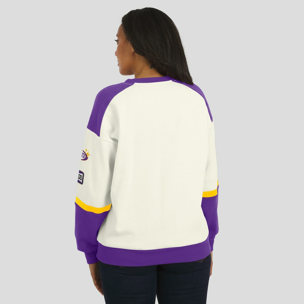 Minnesota Vikings WEAR by Erin Andrews Women's Racing Crew V-Neck Sweatshirt Cream | NFL