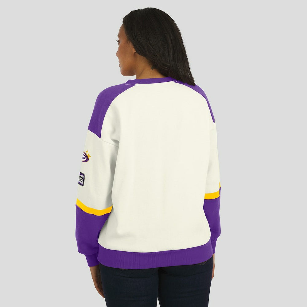 Minnesota Vikings WEAR by Erin Andrews Women's Racing Crew V-Neck Sweatshirt Cream | NFL