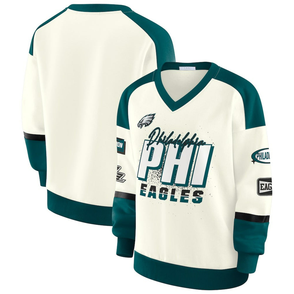 Philadelphia Eagles WEAR by Erin Andrews Women's Racing Crew V-Neck Sweatshirt Cream | NFL