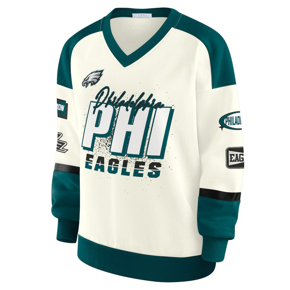 Philadelphia Eagles WEAR by Erin Andrews Women's Racing Crew V-Neck Sweatshirt Cream | NFL