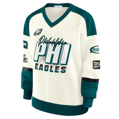 Philadelphia Eagles WEAR by Erin Andrews Women's Racing Crew V-Neck Sweatshirt Cream | NFL