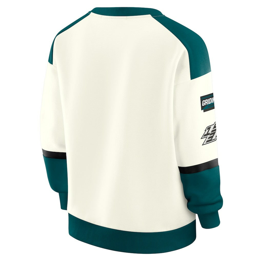 Philadelphia Eagles WEAR by Erin Andrews Women's Racing Crew V-Neck Sweatshirt Cream | NFL