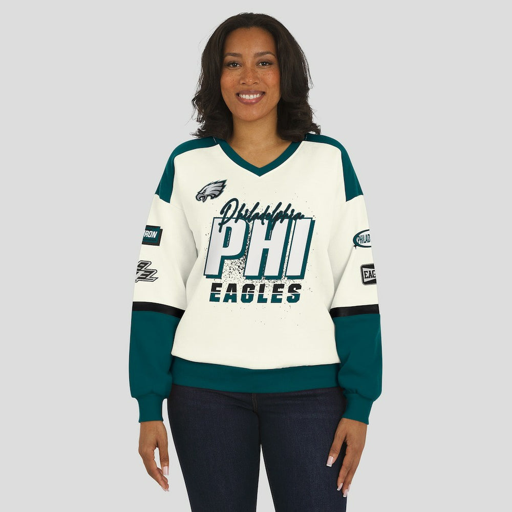 Philadelphia Eagles WEAR by Erin Andrews Women's Racing Crew V-Neck Sweatshirt Cream | NFL