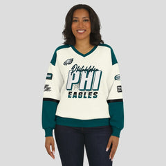 Philadelphia Eagles WEAR by Erin Andrews Women's Racing Crew V-Neck Sweatshirt Cream | NFL