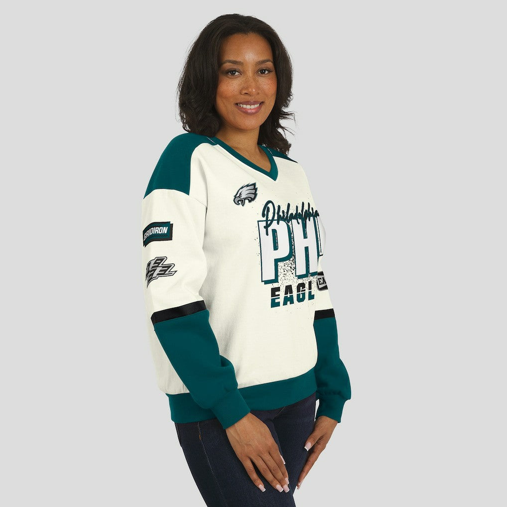 Philadelphia Eagles WEAR by Erin Andrews Women's Racing Crew V-Neck Sweatshirt Cream | NFL