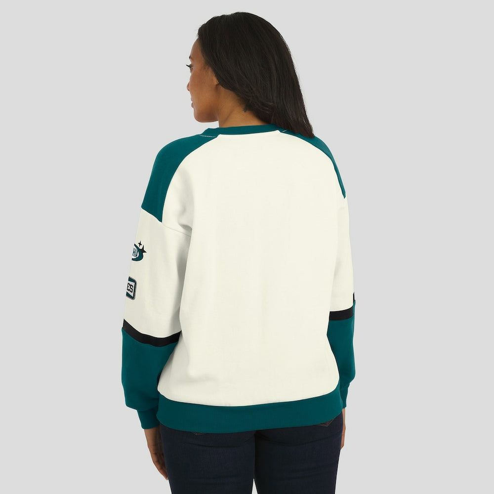 Philadelphia Eagles WEAR by Erin Andrews Women's Racing Crew V-Neck Sweatshirt Cream | NFL