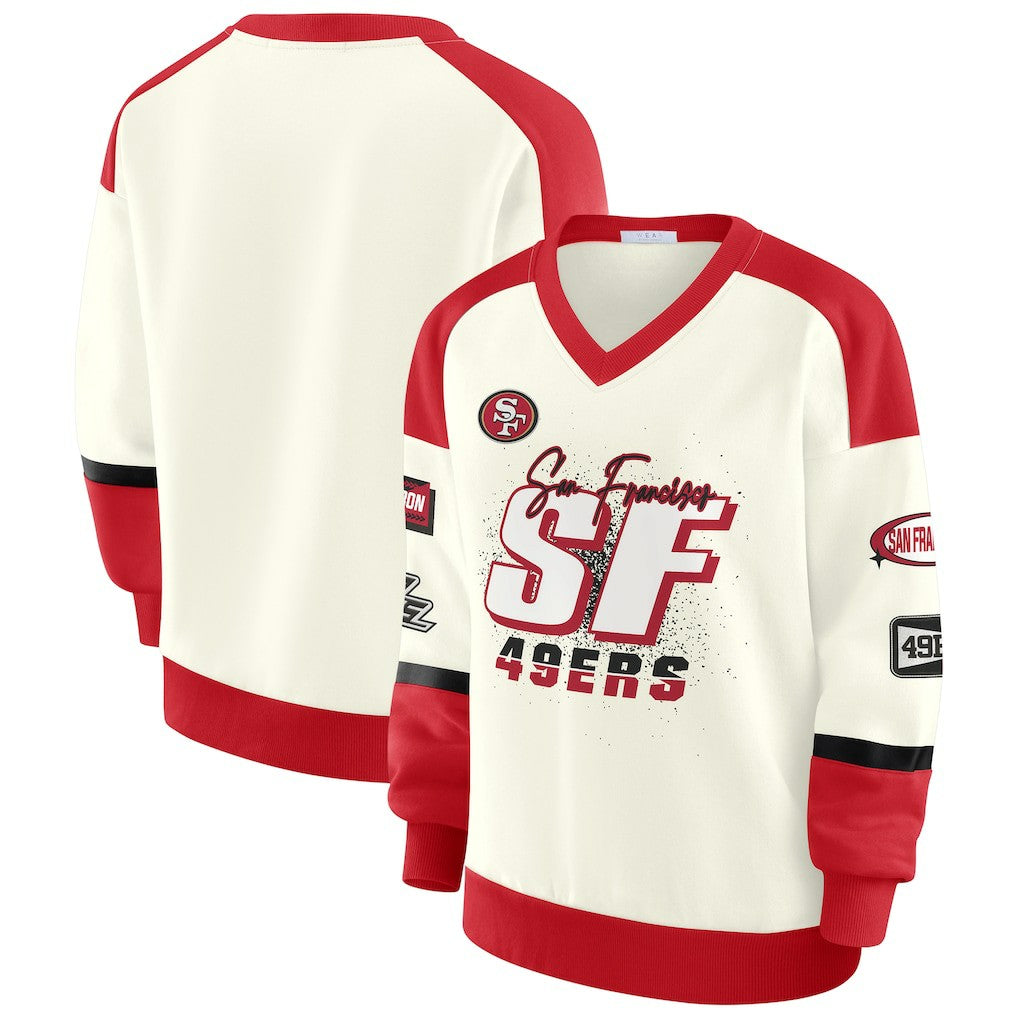 San Francisco 49ers WEAR by Erin Andrews Women's Racing Crew V-Neck Sweatshirt Cream | NFL