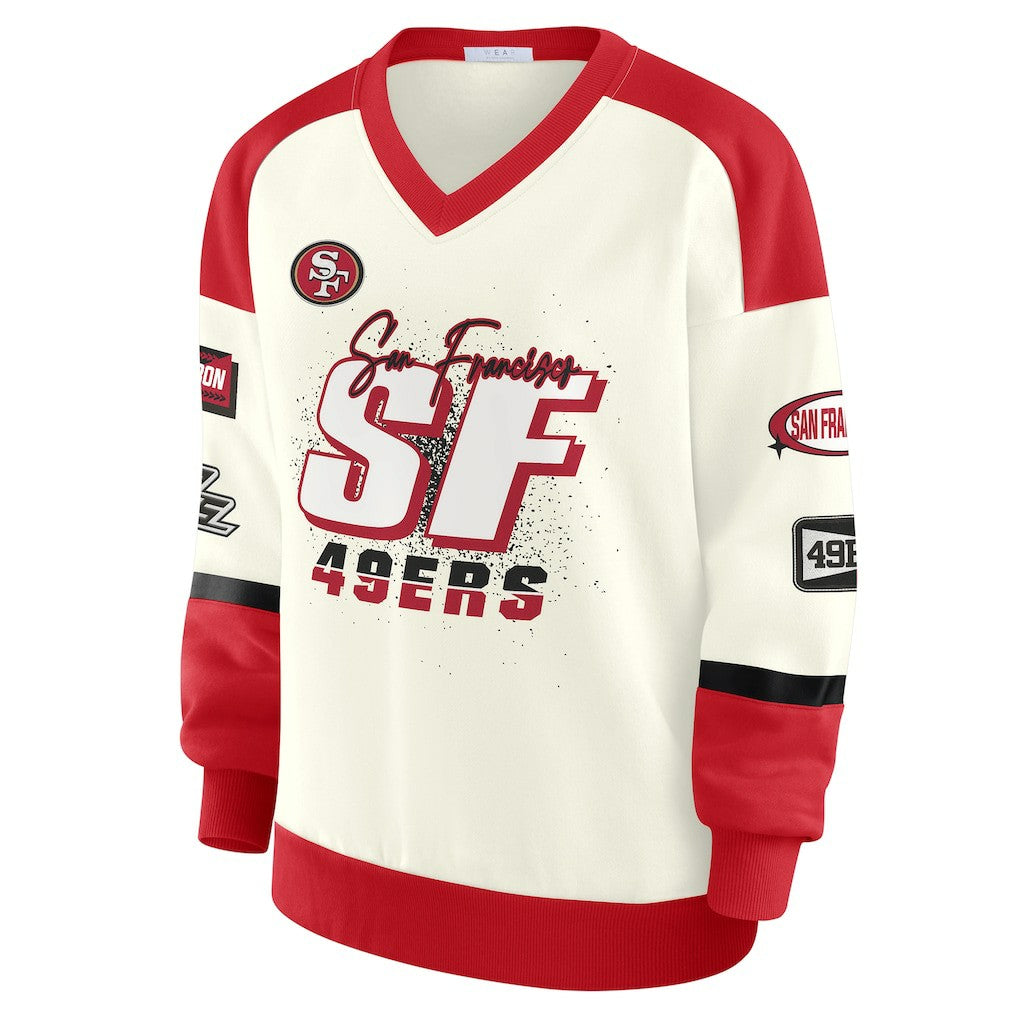 San Francisco 49ers WEAR by Erin Andrews Women's Racing Crew V-Neck Sweatshirt Cream | NFL