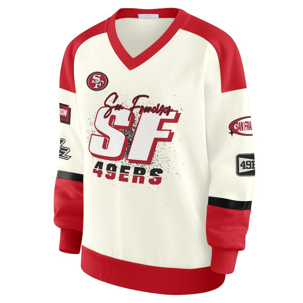 San Francisco 49ers WEAR by Erin Andrews Women's Racing Crew V-Neck Sweatshirt Cream | NFL