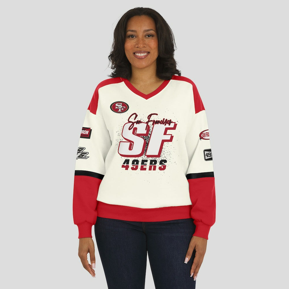 San Francisco 49ers WEAR by Erin Andrews Women's Racing Crew V-Neck Sweatshirt Cream | NFL