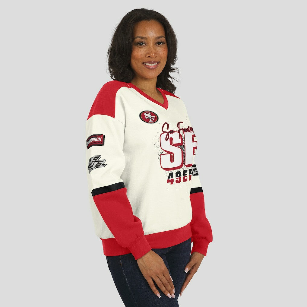 San Francisco 49ers WEAR by Erin Andrews Women's Racing Crew V-Neck Sweatshirt Cream | NFL