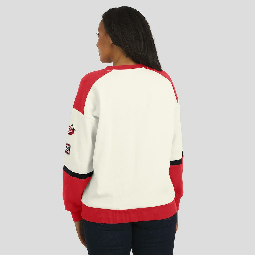 San Francisco 49ers WEAR by Erin Andrews Women's Racing Crew V-Neck Sweatshirt Cream | NFL