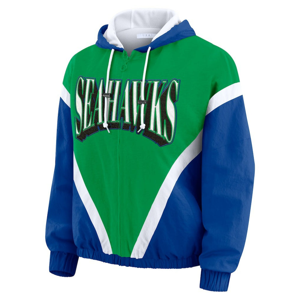 Seattle Seahawks WEAR by Erin Andrews Women's Plus Size Retro Crinkle Full-Zip Hoodie Windbreaker Jacket Kelly Green/Royal | NFL