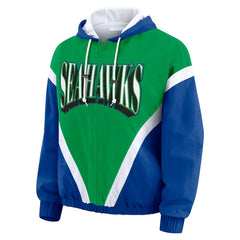 Seattle Seahawks WEAR by Erin Andrews Women's Plus Size Retro Crinkle Full-Zip Hoodie Windbreaker Jacket Kelly Green/Royal | NFL