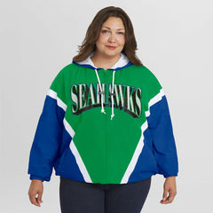 Seattle Seahawks WEAR by Erin Andrews Women's Plus Size Retro Crinkle Full-Zip Hoodie Windbreaker Jacket Kelly Green/Royal | NFL