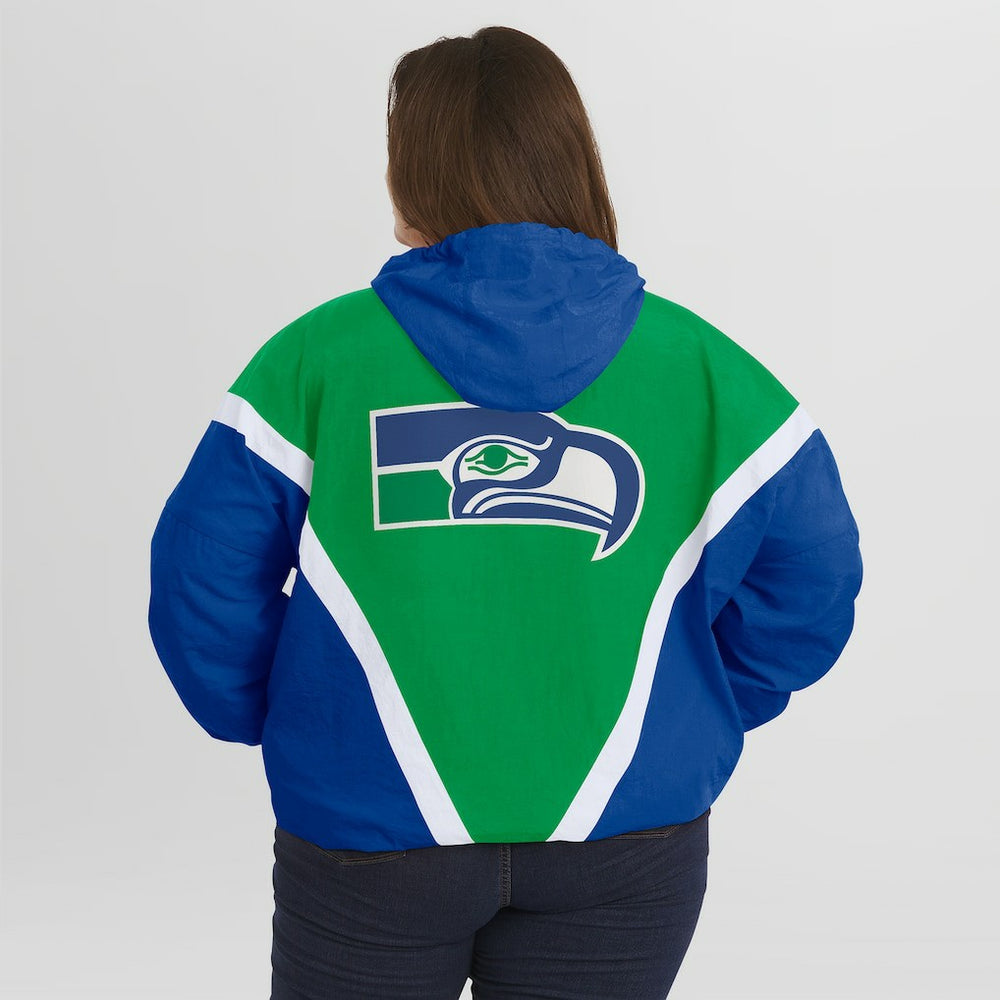 Seattle Seahawks WEAR by Erin Andrews Women's Plus Size Retro Crinkle Full-Zip Hoodie Windbreaker Jacket Kelly Green/Royal | NFL