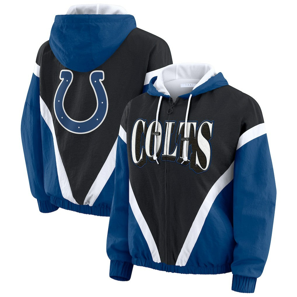 Indianapolis Colts WEAR by Erin Andrews Women's Plus Size Retro Crinkle Full-Zip Hoodie Windbreaker Jacket Black/Royal | NFL