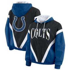 Indianapolis Colts WEAR by Erin Andrews Women's Plus Size Retro Crinkle Full-Zip Hoodie Windbreaker Jacket Black/Royal | NFL