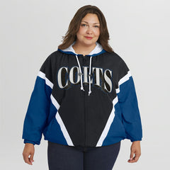 Indianapolis Colts WEAR by Erin Andrews Women's Plus Size Retro Crinkle Full-Zip Hoodie Windbreaker Jacket Black/Royal | NFL