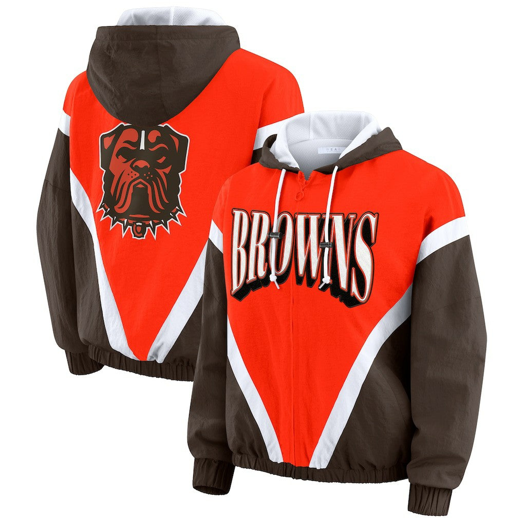 Cleveland Browns WEAR by Erin Andrews Women's Plus Size Retro Crinkle Full-Zip Hoodie Windbreaker Jacket Orange/Brown | NFL