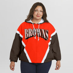 Cleveland Browns WEAR by Erin Andrews Women's Plus Size Retro Crinkle Full-Zip Hoodie Windbreaker Jacket Orange/Brown | NFL
