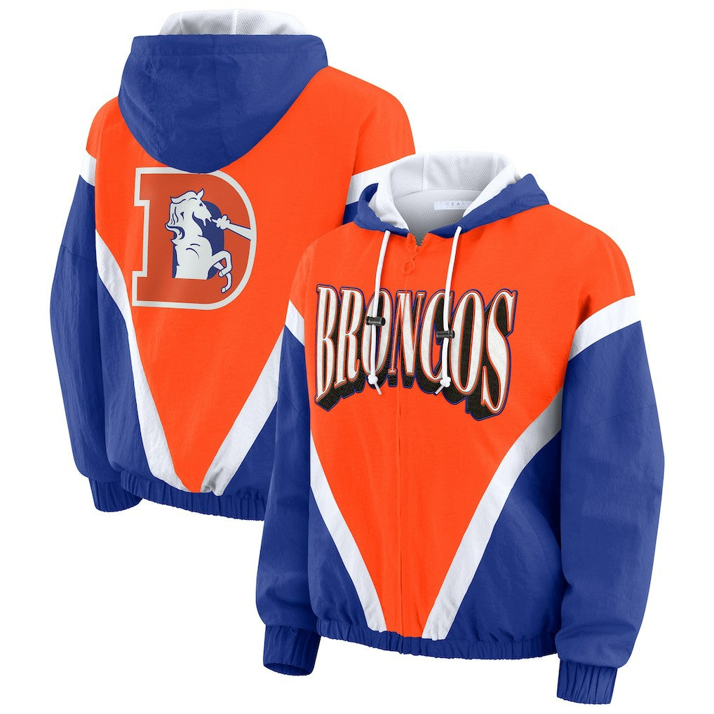 Denver Broncos WEAR by Erin Andrews Women's Plus Size Retro Crinkle Full-Zip Hoodie Windbreaker Jacket Orange/Royal | NFL