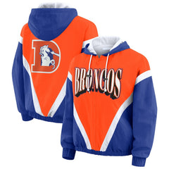 Denver Broncos WEAR by Erin Andrews Women's Plus Size Retro Crinkle Full-Zip Hoodie Windbreaker Jacket Orange/Royal | NFL
