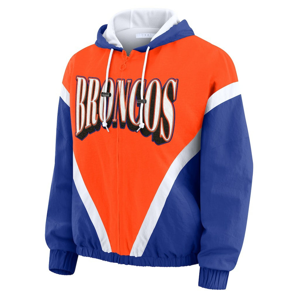 Denver Broncos WEAR by Erin Andrews Women's Plus Size Retro Crinkle Full-Zip Hoodie Windbreaker Jacket Orange/Royal | NFL