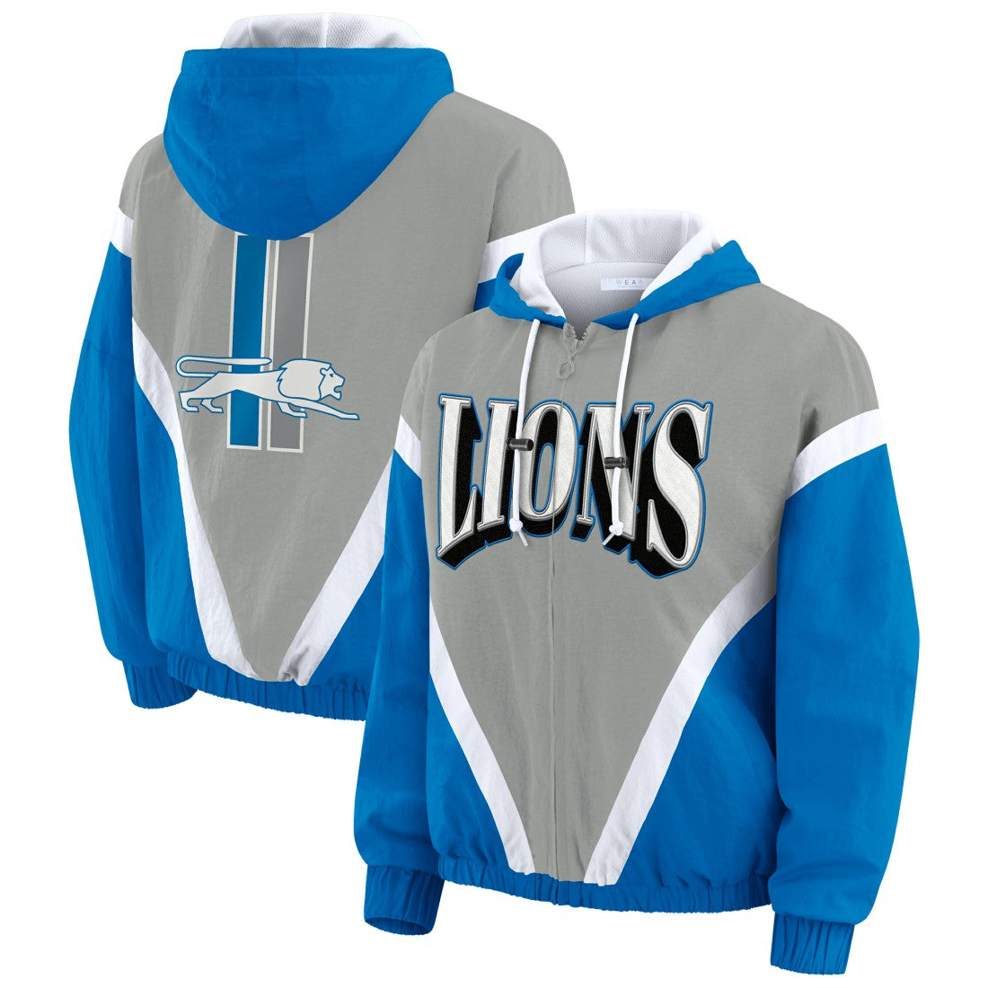 Detroit Lions WEAR by Erin Andrews Women's Plus Size Retro Crinkle Full-Zip Hoodie Windbreaker Jacket Blue/Gray | NFL