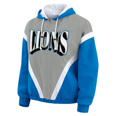 Detroit Lions WEAR by Erin Andrews Women's Plus Size Retro Crinkle Full-Zip Hoodie Windbreaker Jacket Blue/Gray | NFL