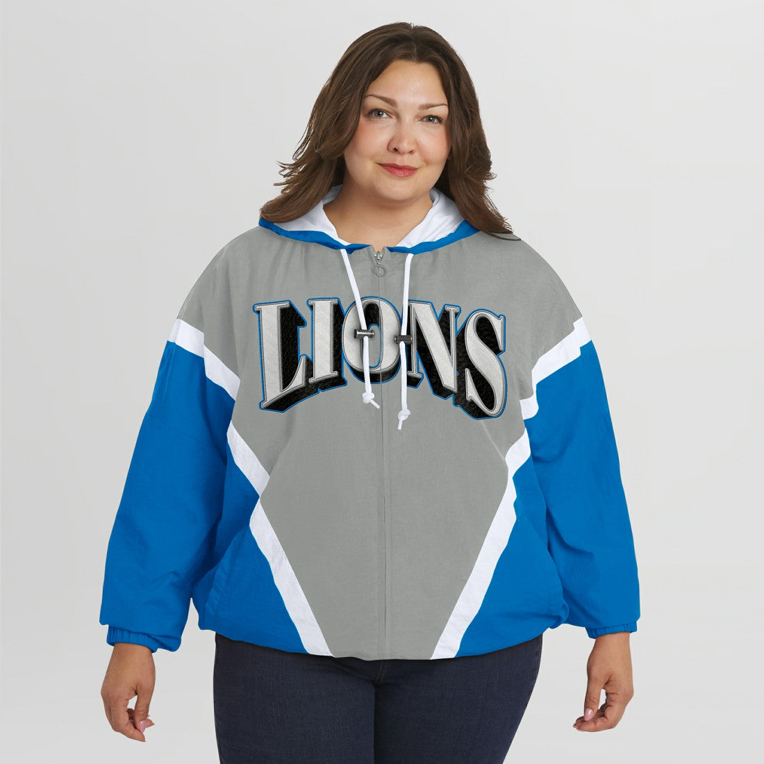 Detroit Lions WEAR by Erin Andrews Women's Plus Size Retro Crinkle Full-Zip Hoodie Windbreaker Jacket Blue/Gray | NFL