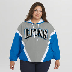 Detroit Lions WEAR by Erin Andrews Women's Plus Size Retro Crinkle Full-Zip Hoodie Windbreaker Jacket Blue/Gray | NFL
