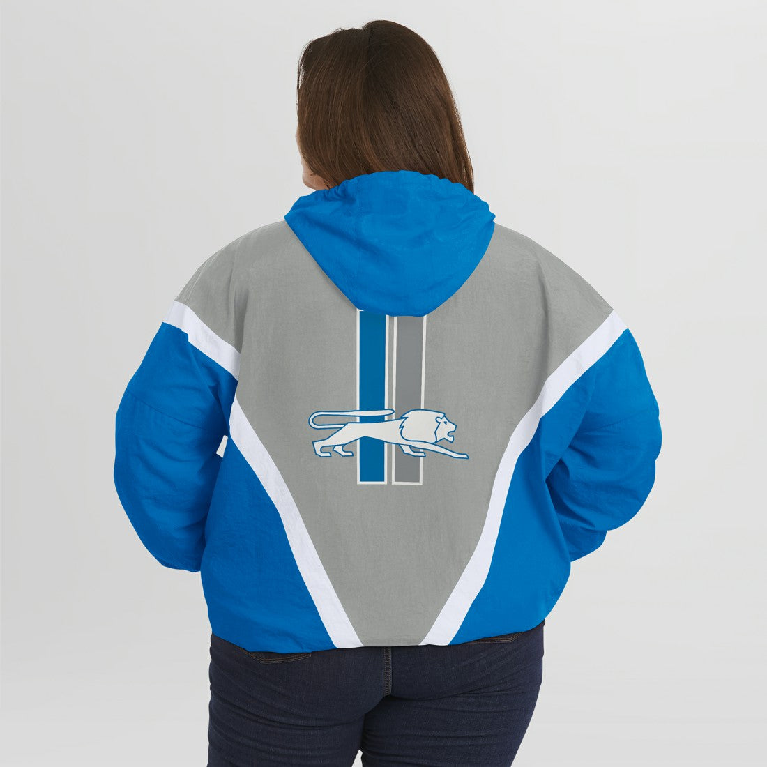 Detroit Lions WEAR by Erin Andrews Women's Plus Size Retro Crinkle Full-Zip Hoodie Windbreaker Jacket Blue/Gray | NFL