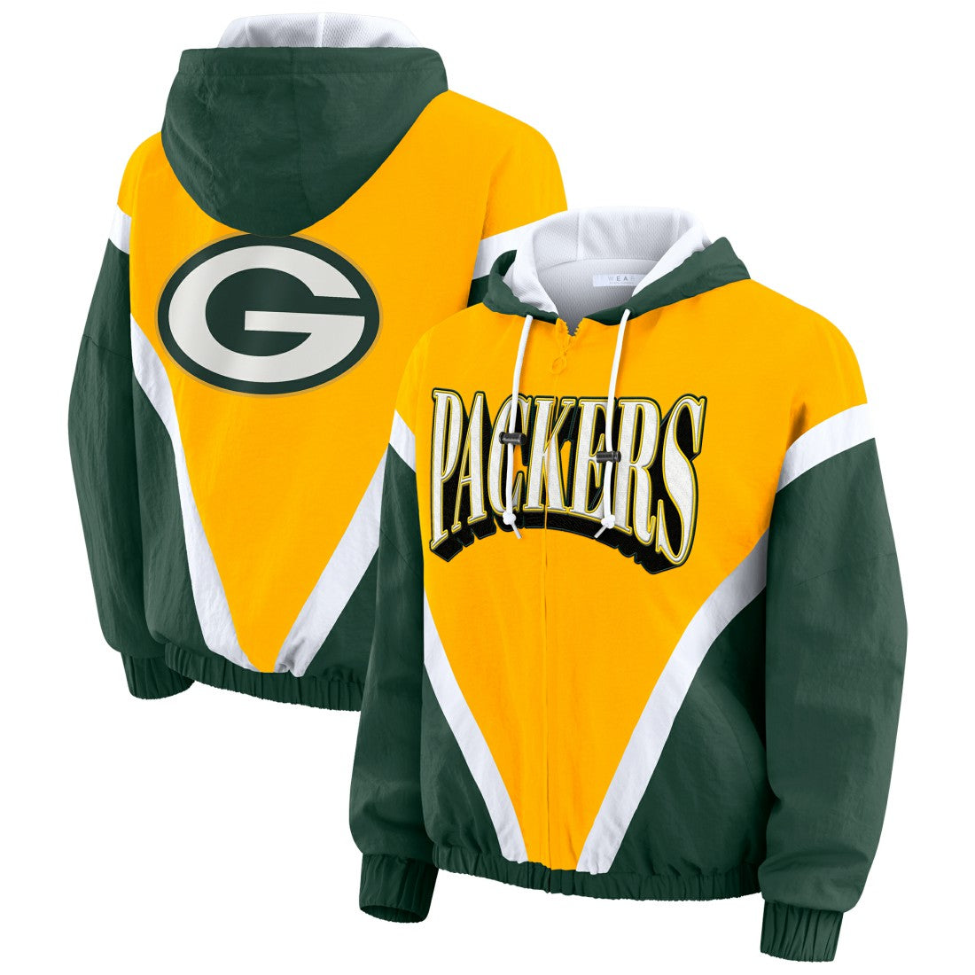 Green Bay Packers WEAR by Erin Andrews Women's Plus Size Retro Crinkle Full-Zip Hoodie Windbreaker Jacket Gold/Green | NFL