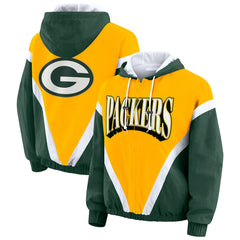 Green Bay Packers WEAR by Erin Andrews Women's Plus Size Retro Crinkle Full-Zip Hoodie Windbreaker Jacket Gold/Green | NFL
