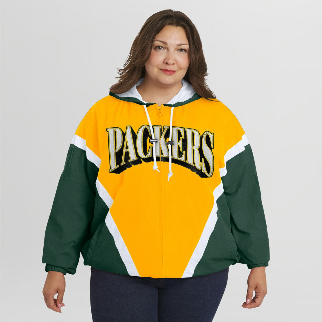 Green Bay Packers WEAR by Erin Andrews Women's Plus Size Retro Crinkle Full-Zip Hoodie Windbreaker Jacket Gold/Green | NFL
