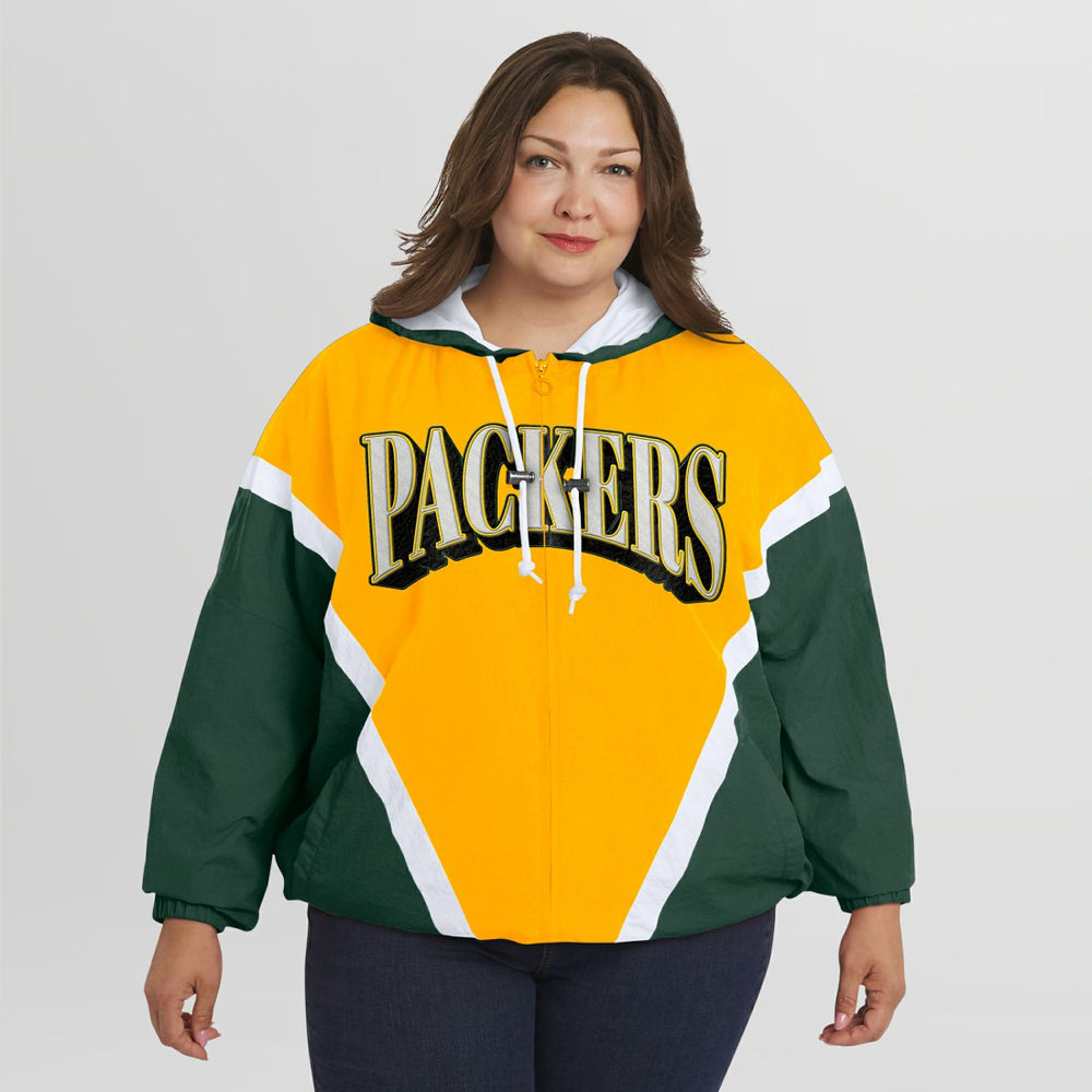 Green Bay Packers WEAR by Erin Andrews Women's Plus Size Retro Crinkle Full-Zip Hoodie Windbreaker Jacket Gold/Green | NFL