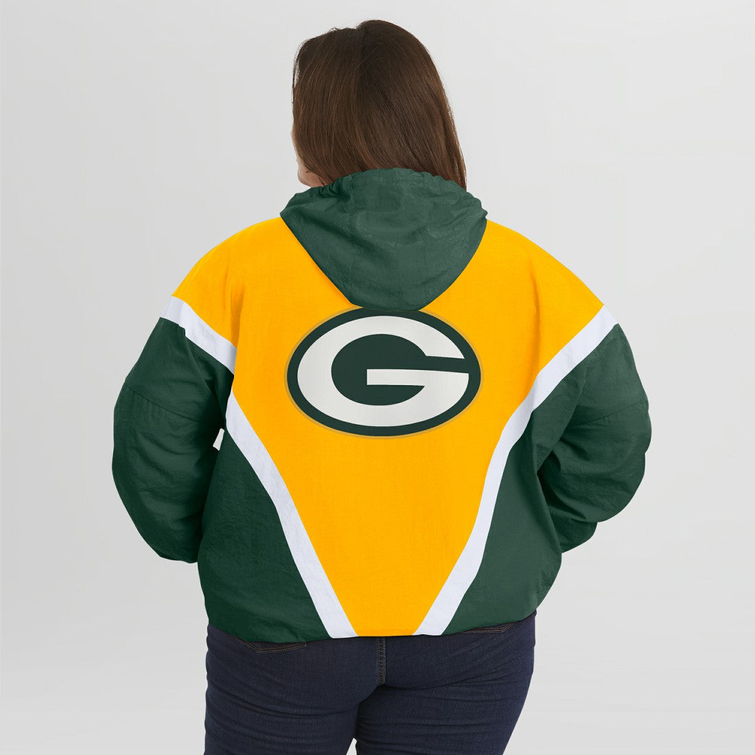 Green Bay Packers WEAR by Erin Andrews Women's Plus Size Retro Crinkle Full-Zip Hoodie Windbreaker Jacket Gold/Green | NFL