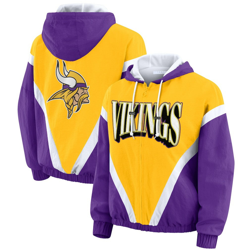Minnesota Vikings WEAR by Erin Andrews Women's Plus Size Retro Crinkle Full-Zip Hoodie Windbreaker Jacket Gold/Purple | NFL