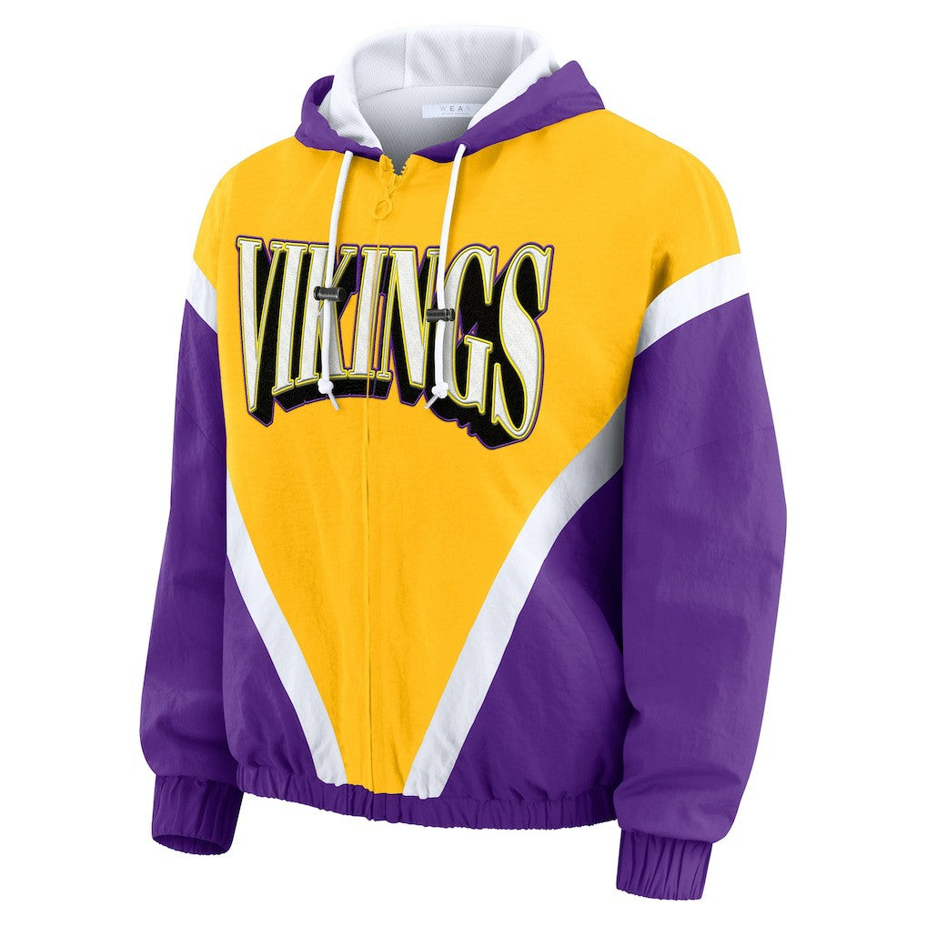 Minnesota Vikings WEAR by Erin Andrews Women's Plus Size Retro Crinkle Full-Zip Hoodie Windbreaker Jacket Gold/Purple | NFL