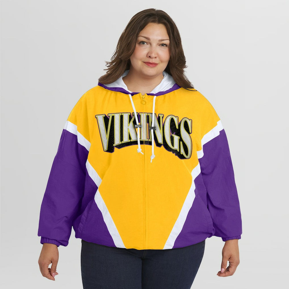 Minnesota Vikings WEAR by Erin Andrews Women's Plus Size Retro Crinkle Full-Zip Hoodie Windbreaker Jacket Gold/Purple | NFL
