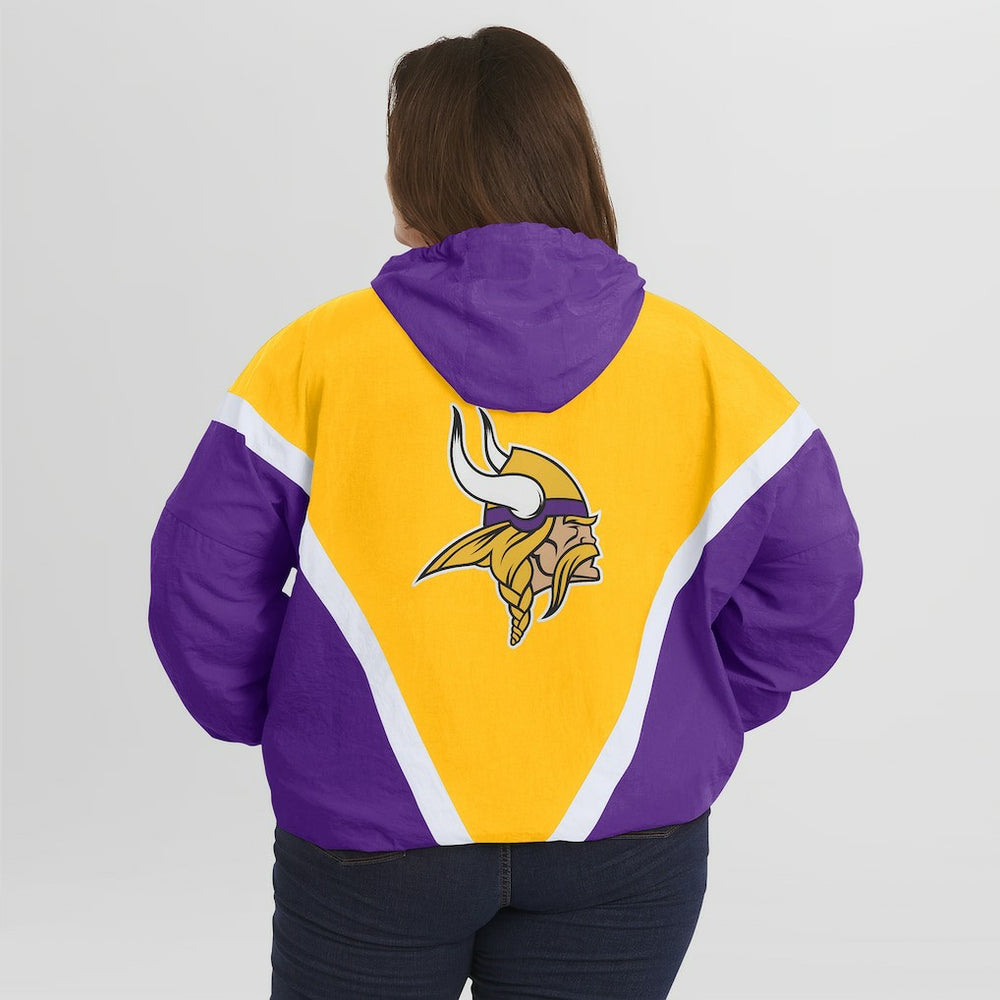 Minnesota Vikings WEAR by Erin Andrews Women's Plus Size Retro Crinkle Full-Zip Hoodie Windbreaker Jacket Gold/Purple | NFL