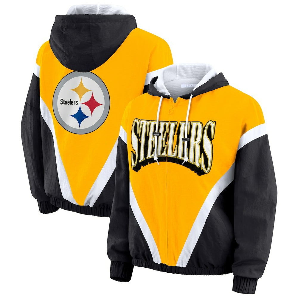 Pittsburgh Steelers WEAR by Erin Andrews Women's Plus Size Retro Crinkle Full-Zip Hoodie Windbreaker Jacket Gold/Black | NFL