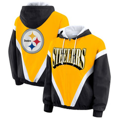 Pittsburgh Steelers WEAR by Erin Andrews Women's Plus Size Retro Crinkle Full-Zip Hoodie Windbreaker Jacket Gold/Black | NFL