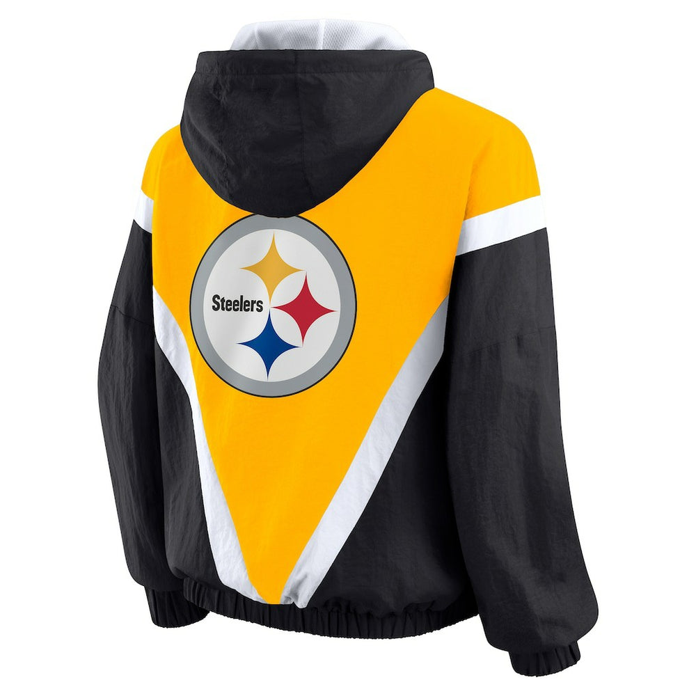 Pittsburgh Steelers WEAR by Erin Andrews Women's Plus Size Retro Crinkle Full-Zip Hoodie Windbreaker Jacket Gold/Black | NFL